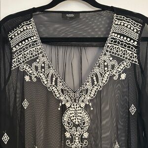 Alfani Black Sheer Top with White Embroidery